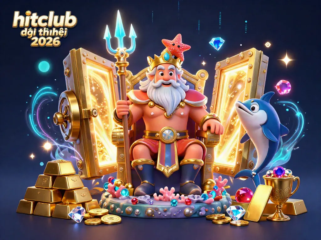 Experience thrilling gameplay at hitclub đổi thưởng 2026 with an enchanting sea king illustration amidst treasures and jackpots.