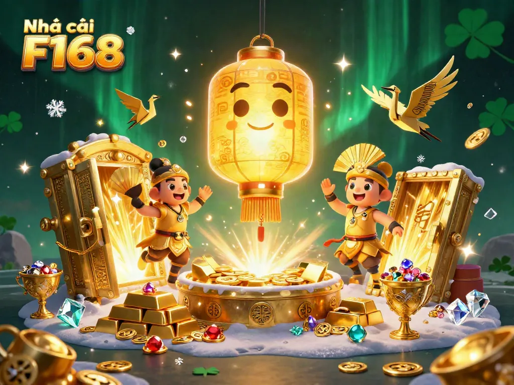 Experience the magic of Nhà cái F168 with a vibrant 3D illustration showcasing golden treasures and lucky symbols.