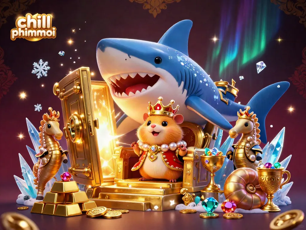 Experience chill phimmoi vibes with vibrant, rich casino-themed 3D illustration featuring a hamster king and treasure.