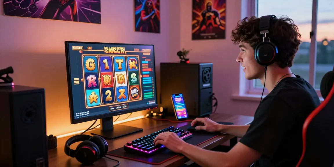 Pengguna menikmati permainan slot gacor di desktop dengan aksesori gaming modern dan cahaya lembut di ruangan.