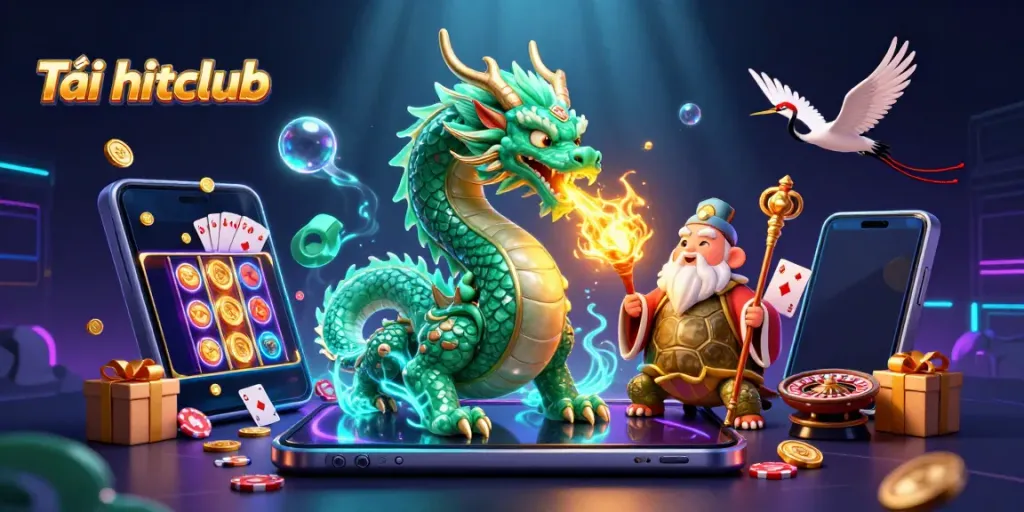 Experience the thrill of Tải hitclub with a stunning 3D illustration featuring a dragon and casino elements.