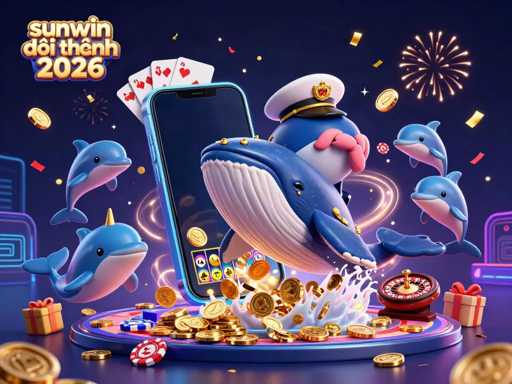 Sunwin đổi thưởng 2026 showcases playful casino elements with vibrant whales and dolphins in a celebratory scene.