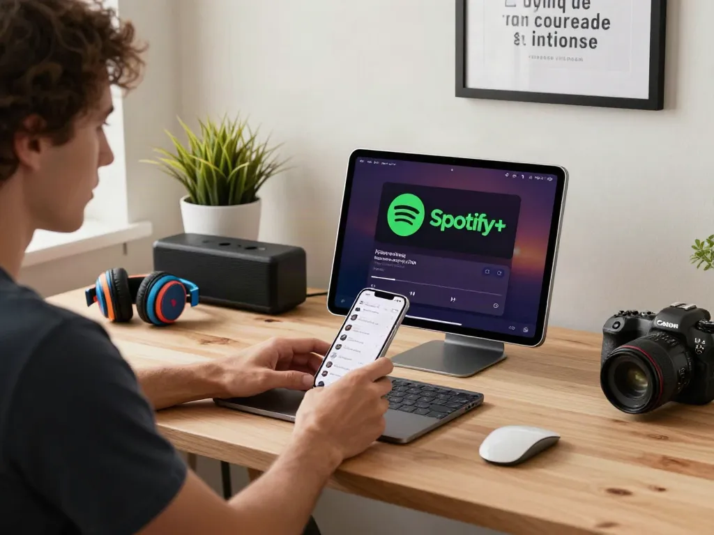 Downloading modded Spotify iOS app on a stylish home office workstation with Apple devices.