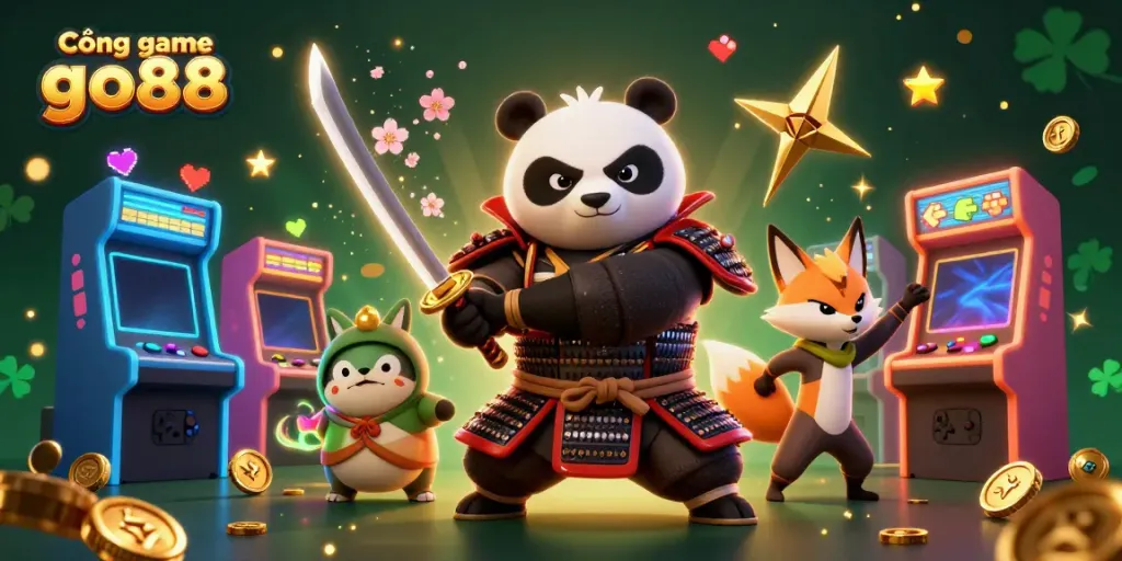 Cổng game go88 showcases an engaging scene with a samurai panda and a ninja fox amidst vibrant casino elements