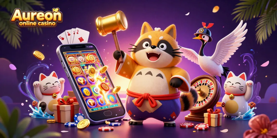 Aureon online casino scene featuring a cheerful tanuki, lucky symbols, and vibrant game elements